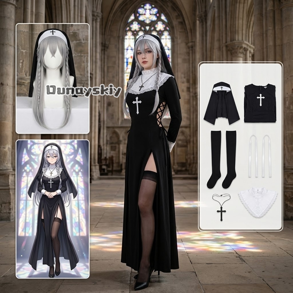 Anime Cosplay Outfits Female - KS*06Originele Nonnenkostuum Zwart Kant Bustier Doorzichtige